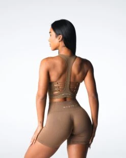 Seamless High Neck Sports Bra with Cut-Out Racerback - Toasted Almond -NVGTN Sportswear Shop DSC07912