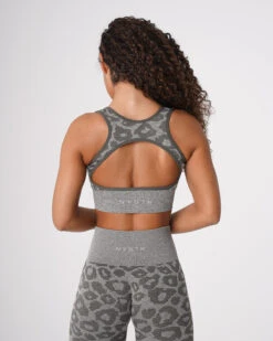 Khaki Green Leopard Print Seamless Sports Bra with Open Back