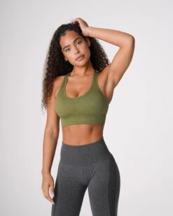 Khaki Green Galaxy Ribbed Seamless Bra - Low-Medium Impact Workout Top