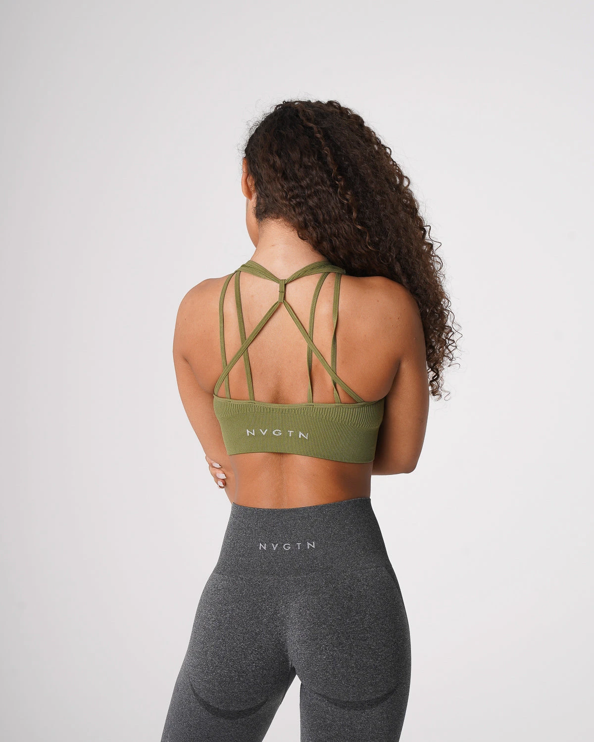 Khaki Green Galaxy Ribbed Seamless Bra - Low-Medium Impact Workout Top 2 Khaki Green Galaxy Ribbed Seamless Bra - Low-Medium Impact Workout Top - Image 2