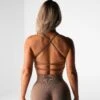 Seamless Open Back Sports Bra - Mocha Brown Gym Top for Women