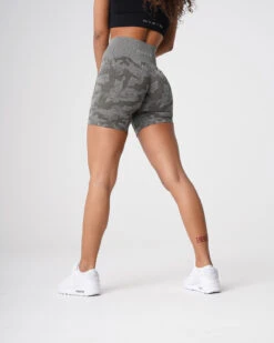 Camo Seamless High Waisted Workout Shorts - Khaki Green