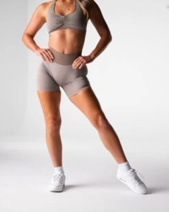 Taupe Seamless High-Waisted Workout Shorts with Glute Contouring 7 Taupe Seamless High-Waisted Workout Shorts with Glute Contouring -NVGTN Sportswear Shop DSC09096