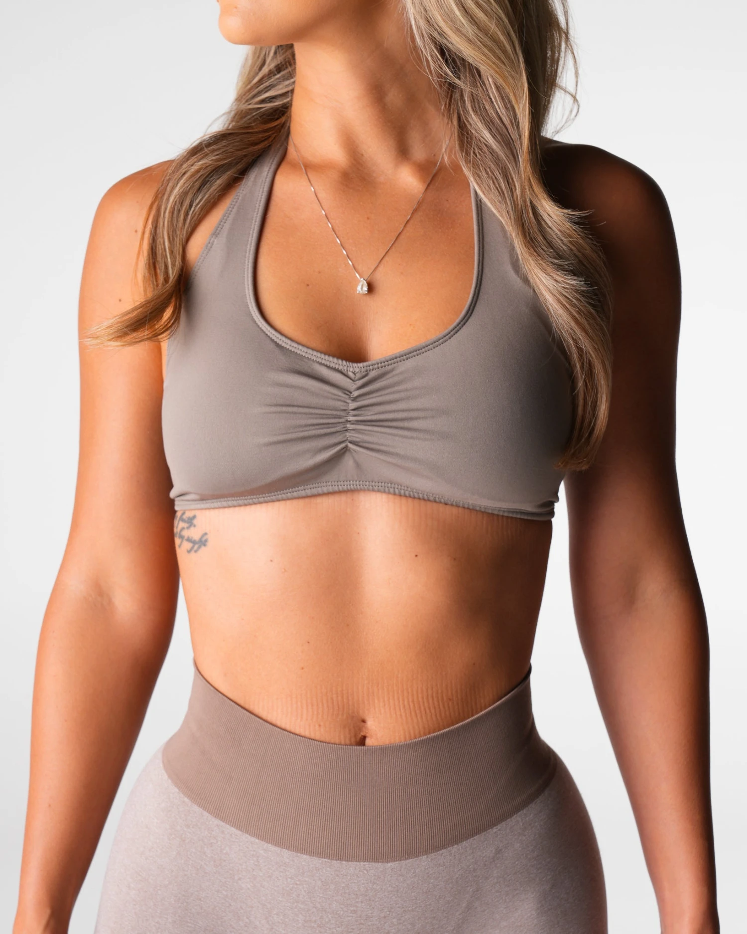 Seamless Halter Sports Bra with Open Back & Front Scrunch - Taupe 3 Seamless Halter Sports Bra with Open Back & Front Scrunch - Taupe - Image 3