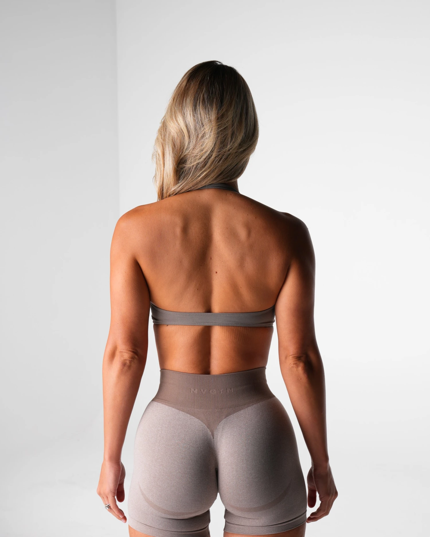 Seamless Halter Sports Bra with Open Back & Front Scrunch - Taupe 2 Seamless Halter Sports Bra with Open Back & Front Scrunch - Taupe - Image 2